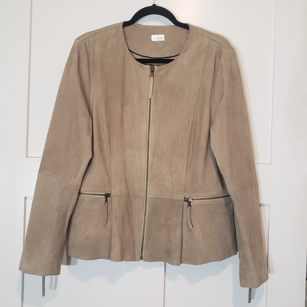 Ecru Suede Leather Zip Up Jacket Fully Lined Front Pockets Size XL Light Mocha